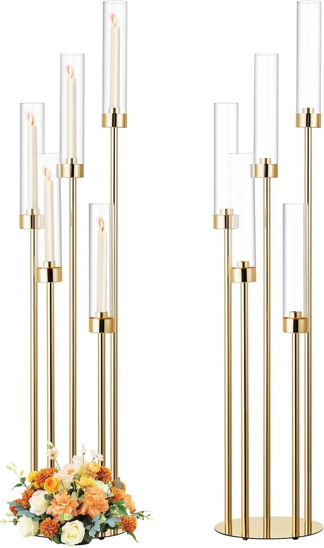 Garvee 2PCS 42.5In 5 Arm Gold Floor Candelabra, Tall Metal Candle Centerpieces for Tables with Acrylic Lampshade for Wedding, Birthday Party, Home Decoration, Christmas, Fit LED 0.82'' LED Candle