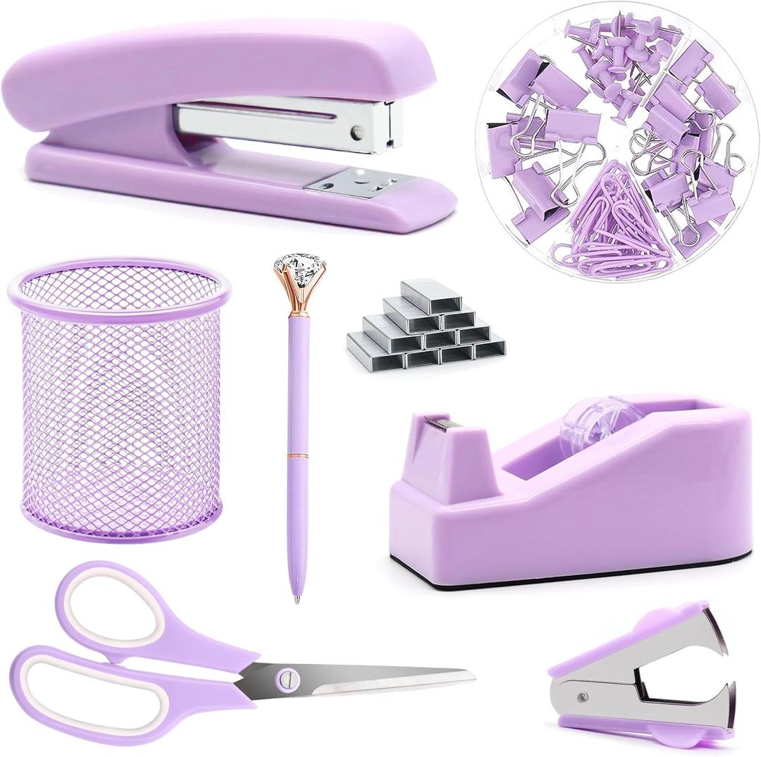 Purple Office Supplies, Purple Desk Accessories, Stapler, Staple Remover, Tape Holder, Pen Holder, Ballpoint Pen, Scissor, Binder Clips, Paper Clips and 1000pcs Staples.