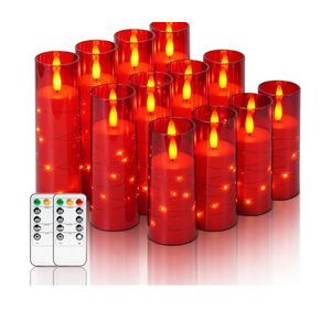 Homemory 12Pcs Flameless Candles with Star String Fairy Lights, Flickering Battery Operated Candles, LED Fake Candles with Remote and Timer, Christmas, Weddings, Home Decor, Red