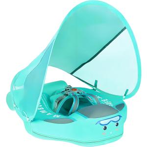Mambobaby Non-Inflatable Baby Pool Float with Tail and Canopy UPF 50+ Sun Protection No Flip Over Infant Swim Float Skin-Friendly Mambo Float Swim Trainer Solid Baby Swimming Ring, adjustable