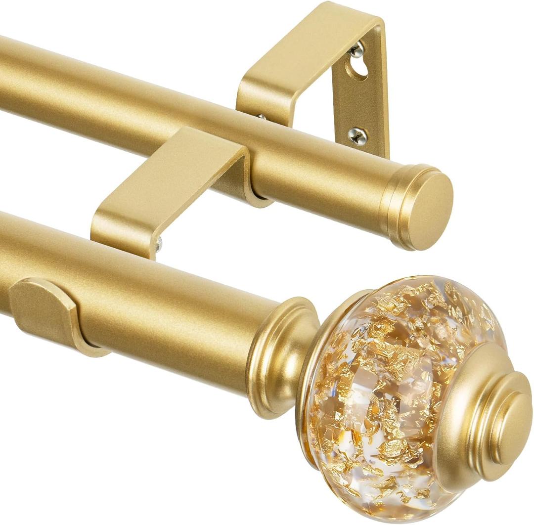 1 Inch Gold Double Curtain Rods for Windows 120 to 180 Inches, USFOOK Adjustable Heavy Duty Drapery Rods 140 to 195 Inches, Telescoping Dual Curtain Rod with Translucent Finials, Wall Mounted