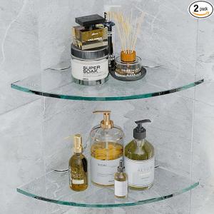 Glass Corner Shower Shelves (2-Pack) - No-Drill Shower Caddy Organizer & Bathroom Storage, Tempered Glass with Rustproof Aluminum Brackets for Inside Shower