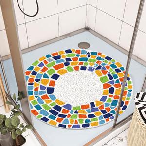 Shower Mat Non-Slip, Soft Comfort Bath Mat with Drainage Holes, PVC Loofah Massage Bathmat for Shower,Tub,Bathroom,Wet Areas, Quick Drying (24" (Round), Colorful Stones)