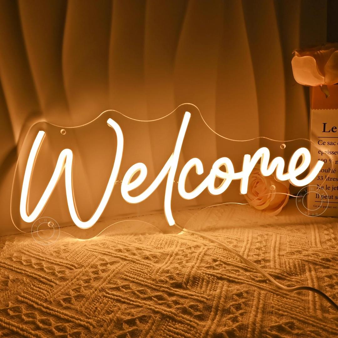 SYLHOME Welcome Led Neon Light Sign Business Open Windows Home Door Wall Sign Decor Bar Pub Store Shop Come In Neon Wedding Birthday Party Sign Gifts 15.75" X 6.5" USB