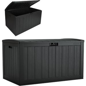 Suncast 134-Gal. Waterproof Resin Extra-Large Outdoor Patio Deck Box with Pad-Lockable Lid, Modern Outdoor Patio Bench/Storage Box for Cushions, Garden Tools, and More, Iron Ore