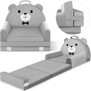 Kids Sofa Bed with Removable Washable Cover & Magic-Tape Backrest  Foldable Toddler Chair, Cozy Crystal Velvet Furniture for Playtime, Naps & Travel (Soft Grey, Bear Design)