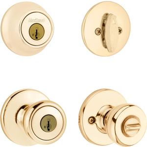 Kwikset 690 Tylo Entry Knob and Single Cylinder Deadbolt Combo Pack featuring SmartKey in Polished Brass, Key Lock Kwikset 690 Tylo Entry Knob and Single Cylinder Deadbolt Combo Pack featuring SmartKey in Polished Brass, Key Lock