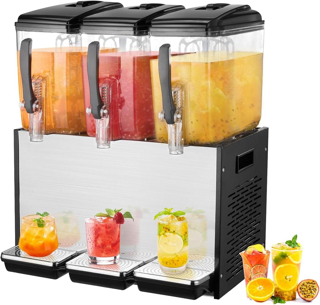 VEVOR Commercial Beverage Dispenser, 3 Tanks 12 L / 12.7 QT Per Tank Juice Dispenser, 370W Stainless Steel Ice Tea Drink Machine with 45F-54F Cooling Temperature, for Cold Drink Restaurant Bar Party