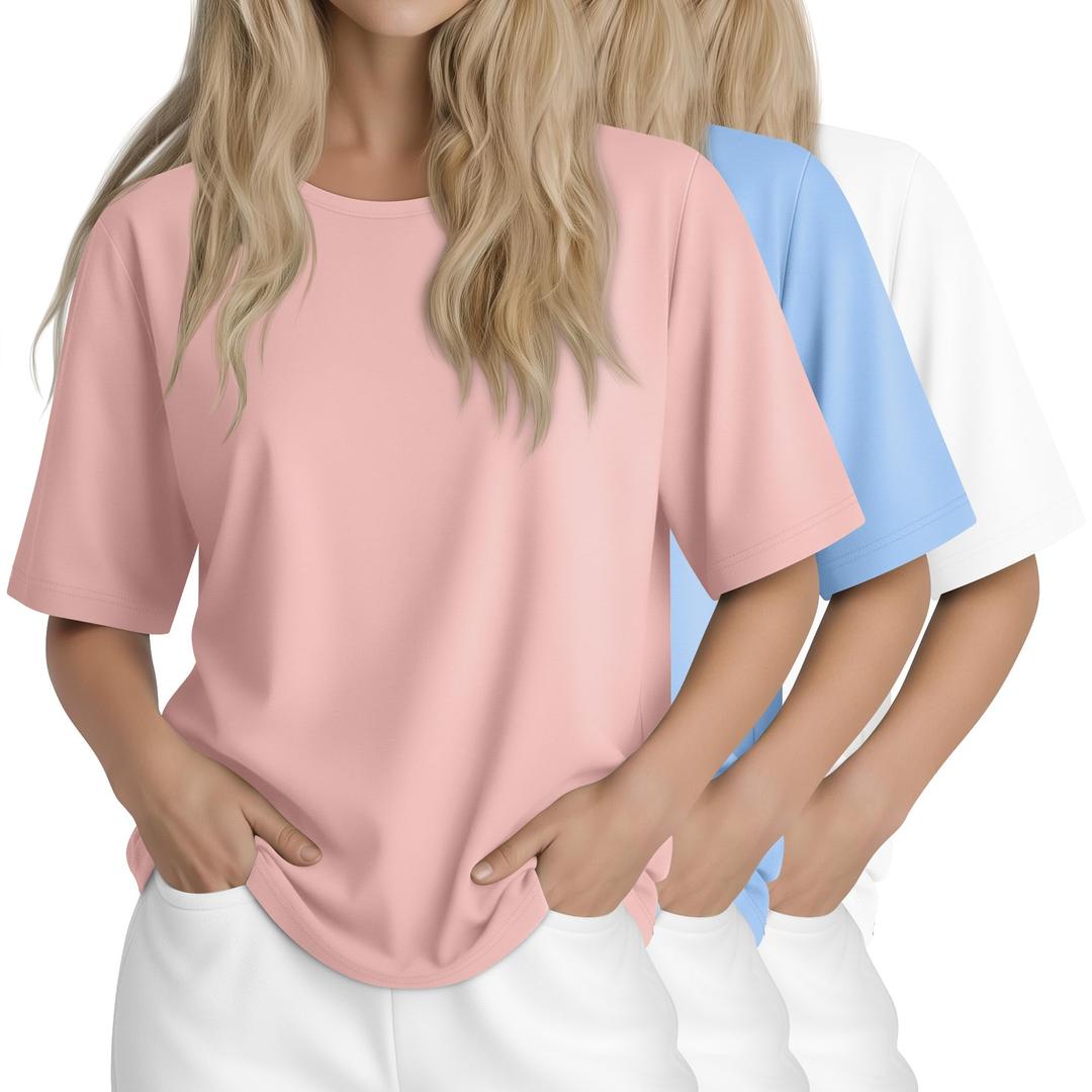 Huukeay 3 Pcs Womens Half Sleeve Top Elbow Length T Shirt Women Round Neck Basic T Shirt Summer Casual Blouses(Large,Coral Pink, Sky Blue, White)