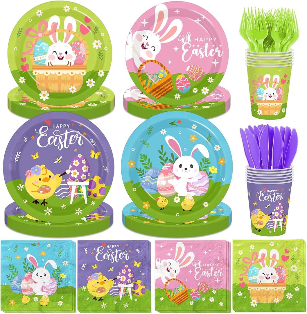 Easter Plates and Napkins, Colorful Bunny Egg Plates Napkins Cups Cute Rabbit Chicken Spring Paper Plates, Bunny Rabbit Disposable Easter Plates and Napkins for Happy Eater Decorations
