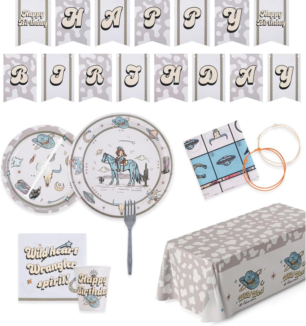 Western Party Decorations Set - Western Birthday Party Supplies Kit With Free Mini Party Game Addon, Includes Plates, Napkins, Cups, Tablecloth, Forks, Banner, For Cowboy Cowgirl Celebration
