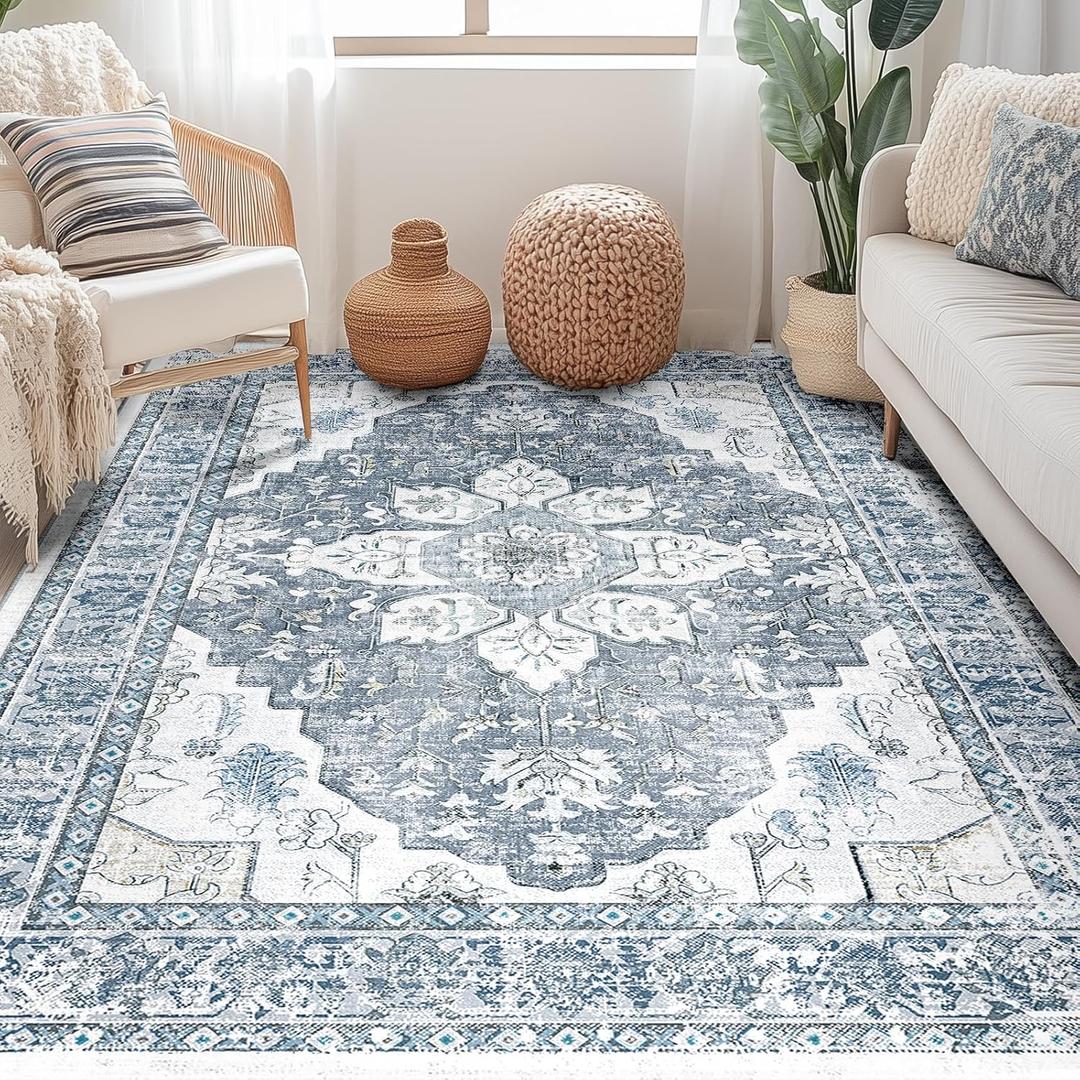 BESTSWEETIE 5x7 Area Rug Washable Rugs for Living Room, No Pile Boho Carpet for Entryway Bedroom Dinning Room, Vintage Carpet Print Distressed Non-Slip, 5 x 7 ft, Blue Grey White