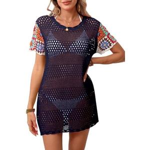 OUKODS Women Summer Short Sleeve Crochet Flower Sheer Knit Sweater Top Beach Cover Up Hollow Out Sexy See Through T-Shirts M