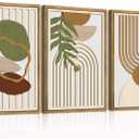 DRACIT Large Boho Minimalist Geometric Wooden Framed Canvas Wall Art Set,Neutral Sage Green Beige Wall Decor,Modern Mid Century Leaf Wall Sculptures for Living Room,Bedroom,Office-16 x24 x3