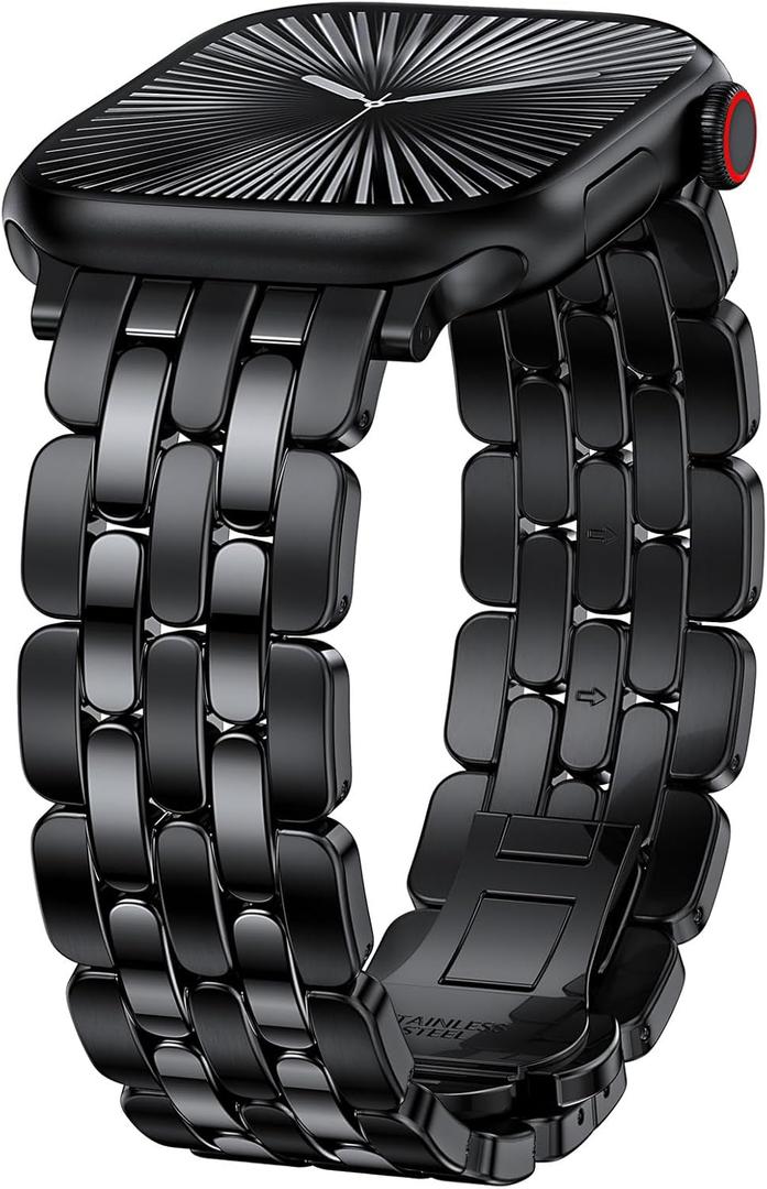 TOYOUTHS Designer Vintage Dressy Bracelet for Apple Watch Band Women 42/40/41/38/44/45/46/49mm, Stainless Steel Elegant Luxury Metal Strap for iWatch Series 11 10 9 8 7 6 5 4 SE/Ultra 3 2 1 (Black-Brushed&Shiny)