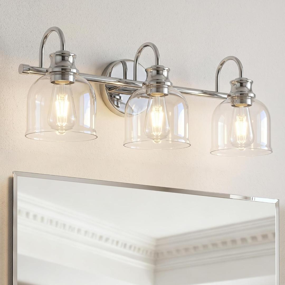 URSOLA 3 Lights 24" Bathroom Vanity Light Fixtures, Chrome Traditional Classic Vanity Light with Clear Glass, Bathroom Lighting Fixtures Over Mirror