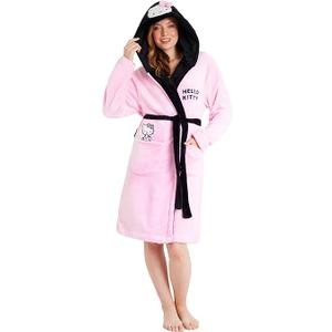 Hello Kitty Women Robe, Fleece Dressing Gown with Hood, Pockets – Gifts for Her (Pink/ Black, XS)