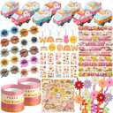 120PCS Groovy Party Favors,Includes Bus Boxes Retro Flower Sunglasses Temporary Tattoos Stickers Slap Bracelets Keychains Plastic Straws Silicone Bracelets For Boho Hippie Birthday Party