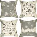 Hello Winter Grey White Decorative Throw Pillow Cover 16x16 Set of 4, Baby It's Cozy Inside Christmas Snowflake Home Decorations, Pine Tree Holiday Reindeer Farmhouse Cushion Case Decor for Couch (Gray)