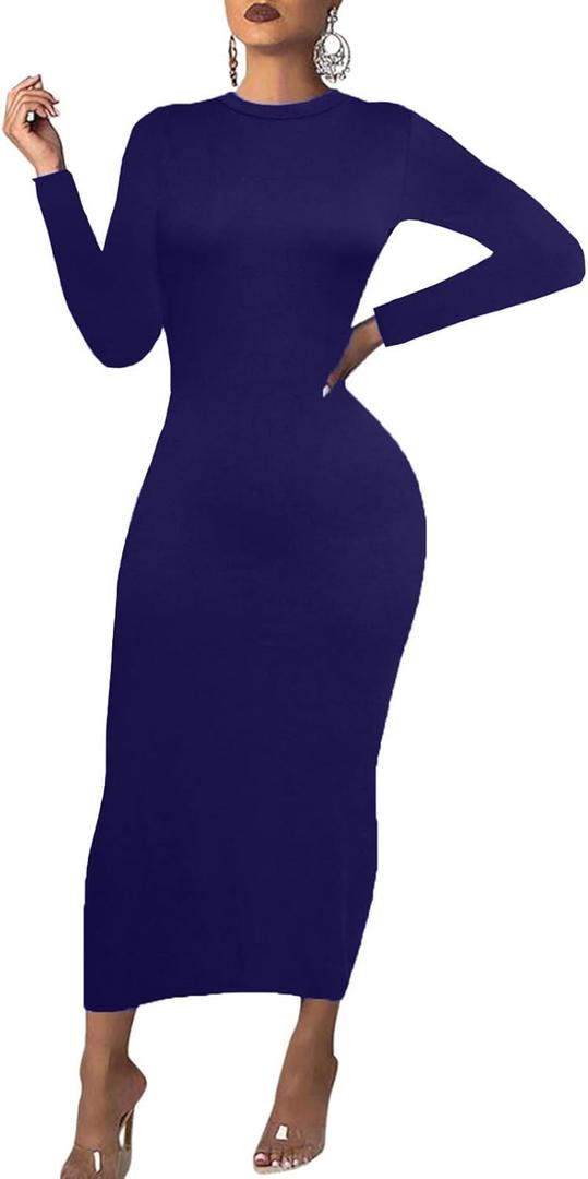 Women's Long Sleeve Bodycon Dress - Maxi Casual Fall Club Party Long Tight Pencil Dresses (Navy) XL