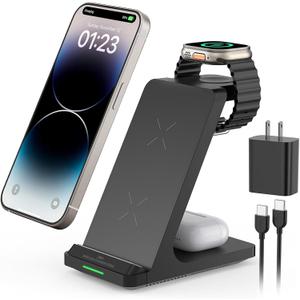 Wireless Charging Station, 3 in 1 Fast Wireless Charger Stand for Multiple Devices Apple Watch Ultra Series 10 9 8 7 6 SE 5 4 3 2, iPhone 16 15 14 13 12 11 Pro Max/Plus/Mini/X/XS/XR, Airpods Pro (Black)