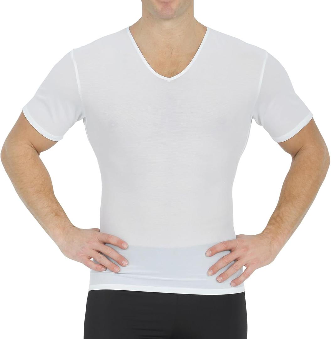 Insta Slim - Made in USA - Mens Slimming Compression Body Shaper V-Neck for Back Support, Gynecomastia & Hernias Nude (White)