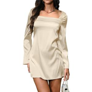 HYPERFIRE Women's Elegant Sqaure Neck Satin Long Sleeve Mini Dress Wedding Cocktail Dresses (Gold)