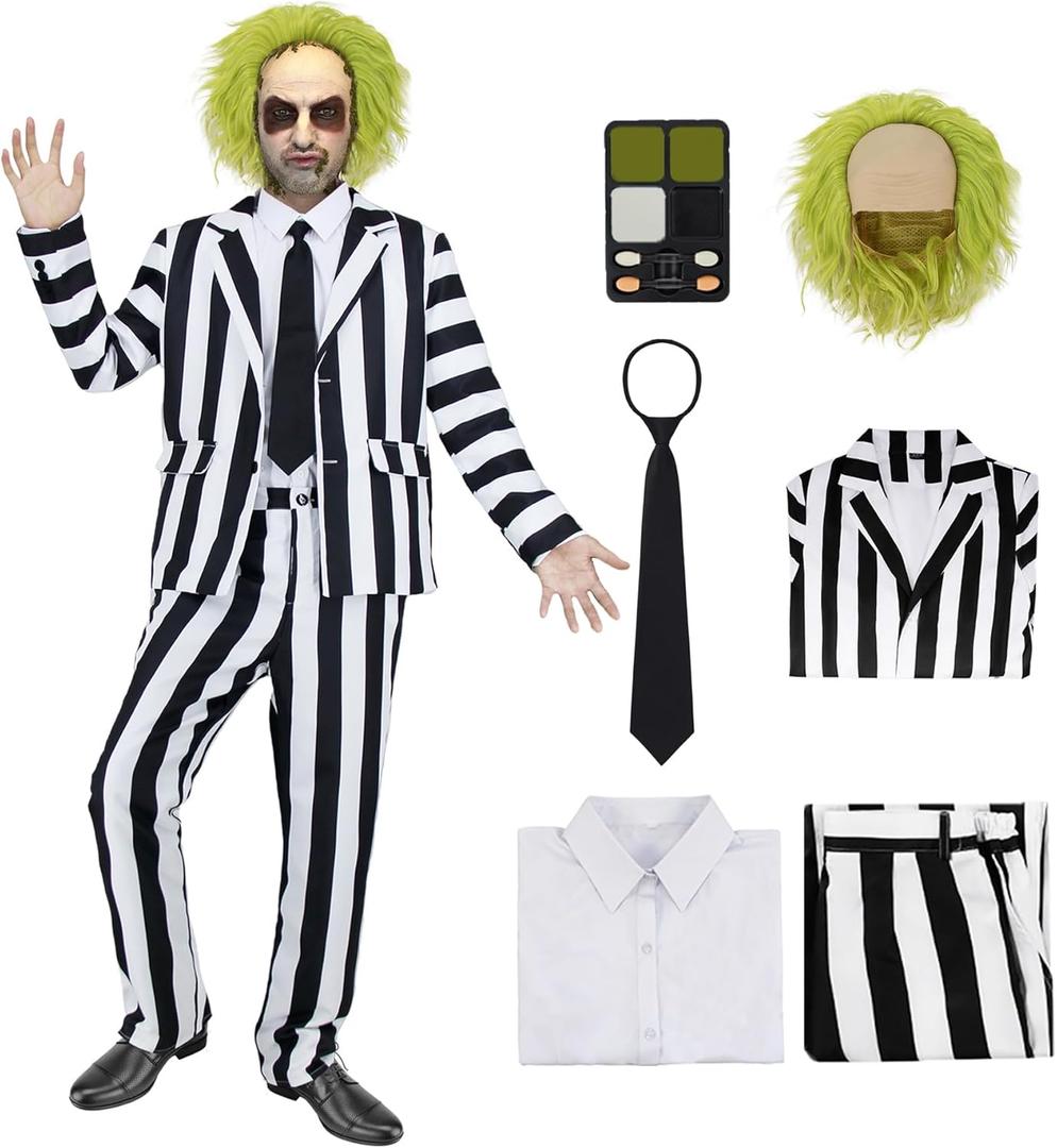 7 Pcs Horror Movie Costume Men Black and White Striped Suit Adult Horror Comedy Character Cosplay Outfit with Wig (Large)