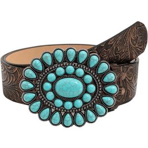 GORGLITTER Women's Western Leather Belt Vintage Turquoise Buckle Waist Belt for Dress (37.4-41.3", Bronze)