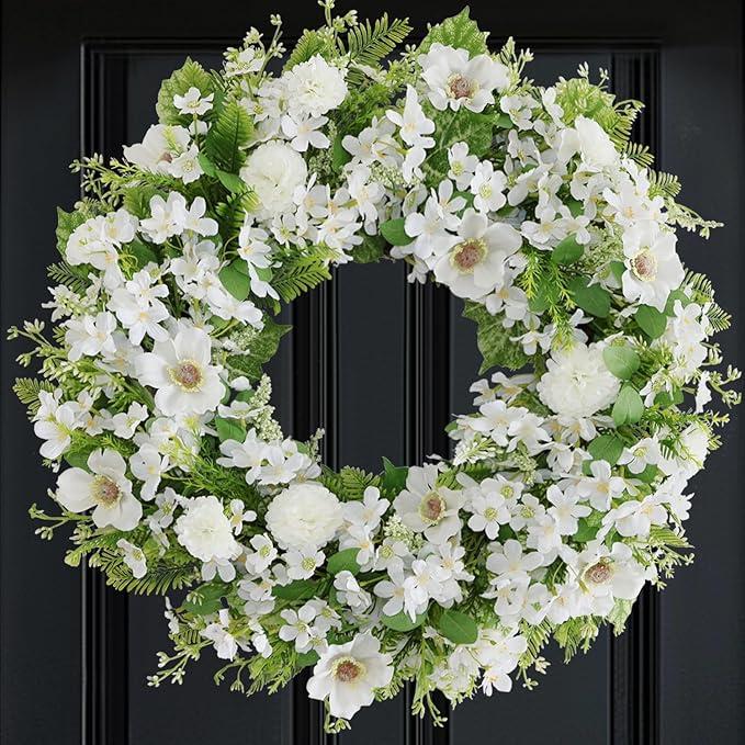 White Faux Silk Flower Spring Summer Easter Wreath 24-26" for Front Door – Anemone Daisy Tagetes Erecta Green Eucalyptus and Fern Leaves – Farmhouse Front Porch Wreath, Outdoor Indoor Use