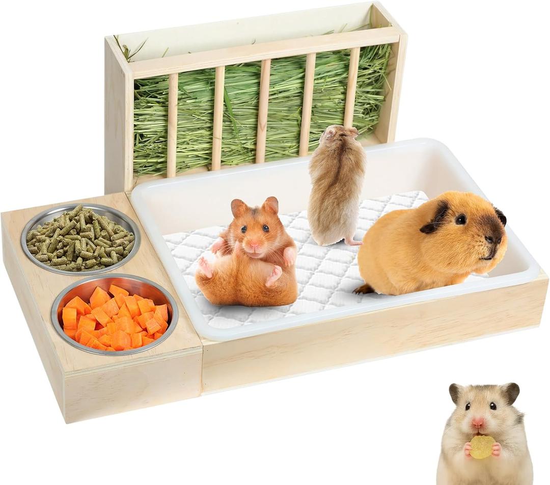 3 in 1 Bunny Litter Box with Hay Feeder and 2 Bowls - Wooden Rabbit Hay Feeder for Guinea Pig, Hamster, Small Animals, Each Component has pre-drilled Holes