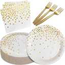 White and Gold Paper Plates Napkins Party Supplies,Disposable Gold Dot Paper Dessert Plates,105 PCS Birthday Plates and Napkins Party Supplies for Wedding(Serves 35 Guests 7")