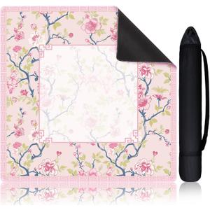 Chinoiserie Mahjong Mat with 1 Carrying Bag 31.5 x 31.5 Pink and White Rubber Anti Slip and Noise Reduction Multi Purpose Game Table Cover for Mahjong, Card, Board Tile Games