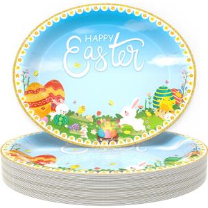 AinDen Disposable Easter Paper Plates, 36-Count Large Heavy Duty Oval Dinner Dessert Cake Basket Plates for Party, 10.2 x 12.6 Inch