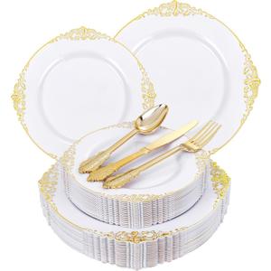 125PCS White and Gold Plastic Plates - Gold Disposable Plates with Plastic Silverware - Vintage Disposable Dinnerware Set for 25 Guests for Wedding Party Dinner Holiday