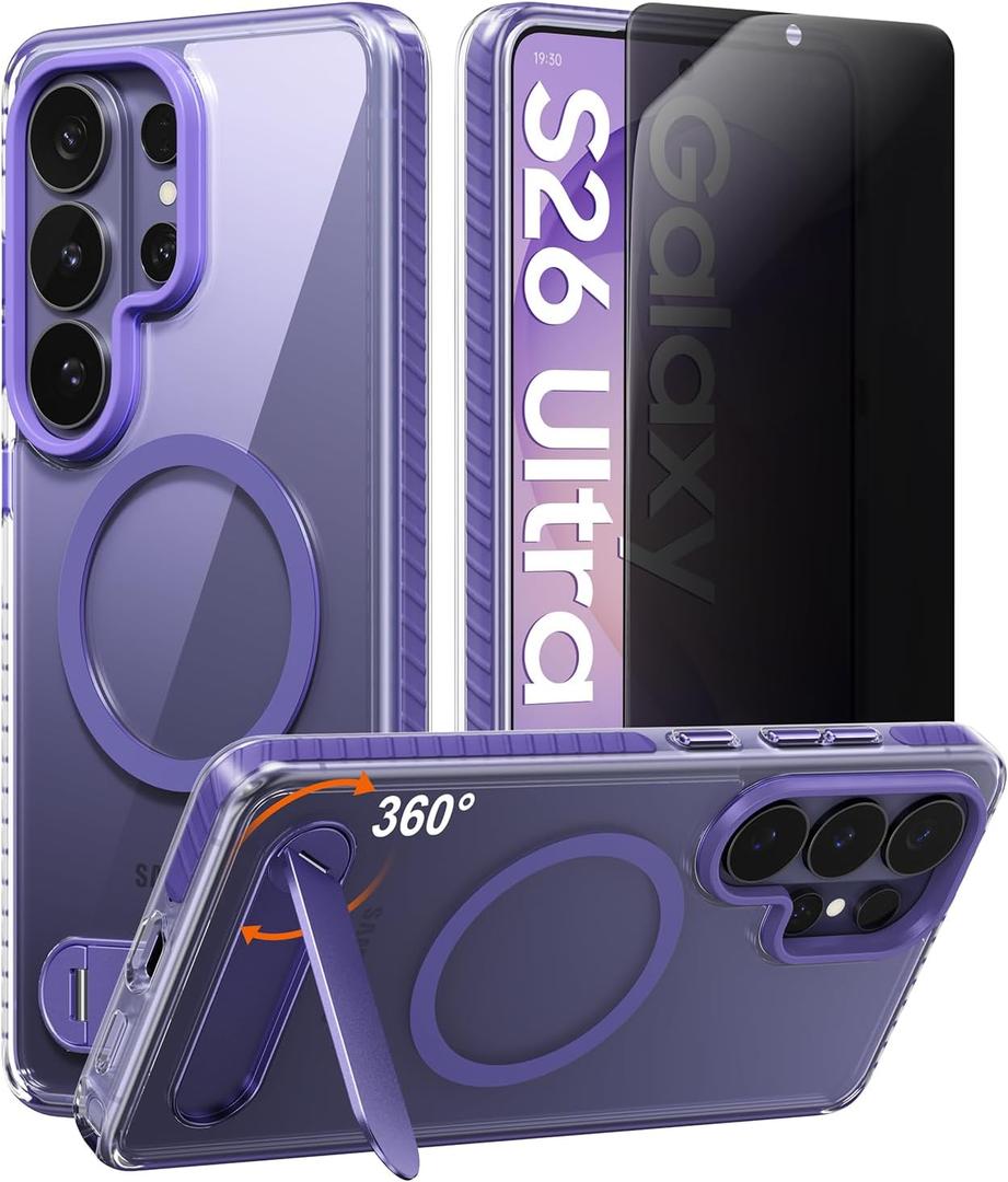 JUESHITUO Magnetic Stand for Samsung Galaxy S26 Ultra Case Clear, Fit for MagSafe, 16FT Military-Grade Protection,with Privacy Screen ProtectorX1,Camera Guard for S26 Ultra Case-Purple