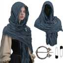 Zwirelz Wrap Dune Wasteland Hooded Shawl With Viking Brooch Cowl Scarf Rogue Medieval Viking Cloak Renaissance Costume Cape (78.7 x 27.5 inches, Navy)