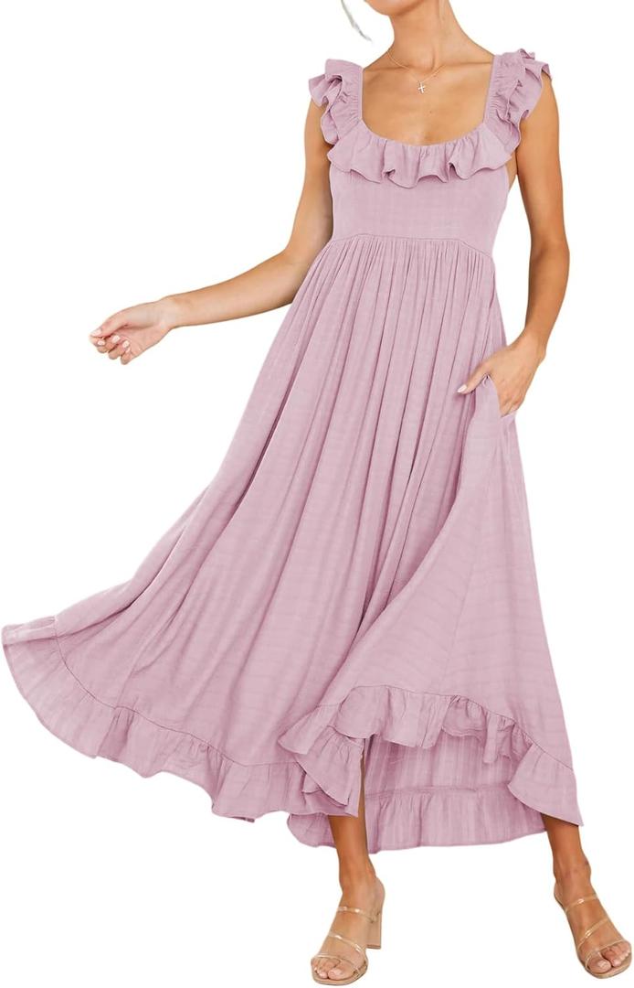 R.Vivimos Summer Dress for Women Sleeveless Boho Ruffle Square Neck Tie Back Casual Backless Flowy Midi Dress (Lightpink)