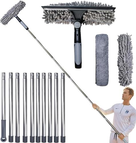 20+ Feet Reach 2 in 1 Window Washing Squeegee & Duster with 3-14 ft Spliceable Extension Pole // Window Cleaning Tool & Window Washer Squeegee With 2 Replace Pad for Home Indoor Outdoor Window Washing Gray