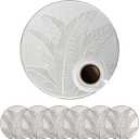 pigchcy Silver Round Placemats Set of 6 for Dinner Table, Metallic Circle Vinyl Place Mats Decor Wedding Accent Centerpiece Plantain Leaves Design, 6pcs Round