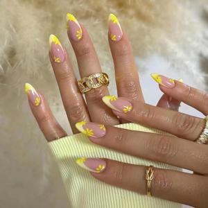 Almond Press on False Nails Medium Fake Nails Yellow Summer French Tip Glue ons Acrylic Nails Daisy Pearl Design 24Pcs Stiletto