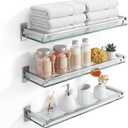 Cinnvoice 3 Pack 20 Inch Glass Bathroom Shelves for Wall, Wall Mount Glass Shelves with Stainless Steel Rail, Modern Floating Bathroom Shelf Organizer, Rectangular Room Decor for Sink, Over Toilet