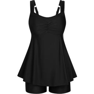 HUSKARY Tankini Swimsuits for Women Tummy Control Two Piece Bathing Suit Flowy Swim Tank Top with Boyshorts (Black, 16W)