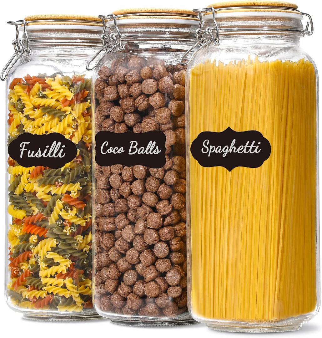VITEVER [ Taller ] 92oz Glass Jars with Airtight Lid, Large Glass Food Storage Jars, 3 Pack Wide Mouth Airtight Glass Jars for Kitchen Pantry Spaghetti, Square Mason Jars with Labels (Bamboo)