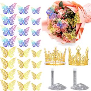 MARFOREVER Flower Bouquet Accessories Set, 2 Gold Crown 24 Pcs 3D Mixed Butterfly Decorations and 2 Sliver Glitter Powder for Mother's Day Valentine's Day Cake Topper Wedding Birthday Party Decor