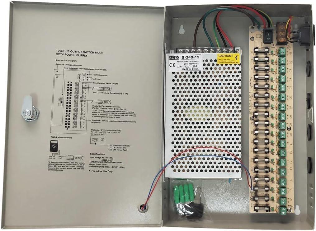 DC 12V 20 Amp 18 Channel/Port Power Supply Box Distribution for Security Cameras, IP CCTV DVR Surveillance System