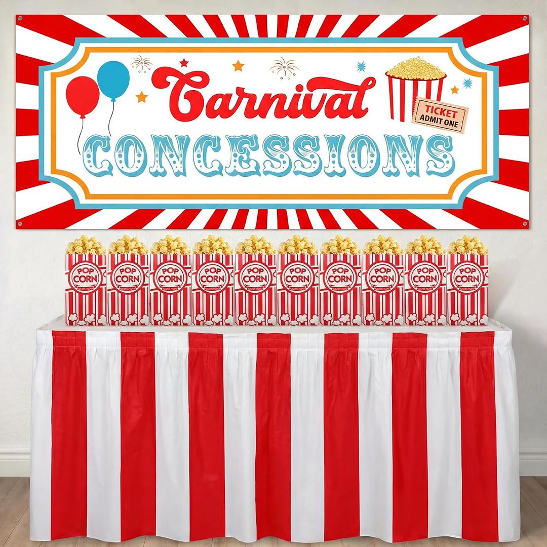 52 Pcs Carnival Circus Party Decorations Concession Stand Supplies Kit with Concession Banner 50 Popcorn Bag 1oz Red and White Striped Table Skirt Movie Night Decor for Carnival Circus Party