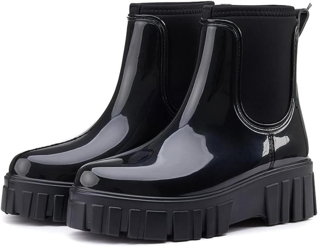 Gets Womens Rain Boots, Waterproof Platform Rubber Chelsea Rainboots, Comfortable Short Shoes Ankle Garden Boots for Outdoor Work (Black), Size 7