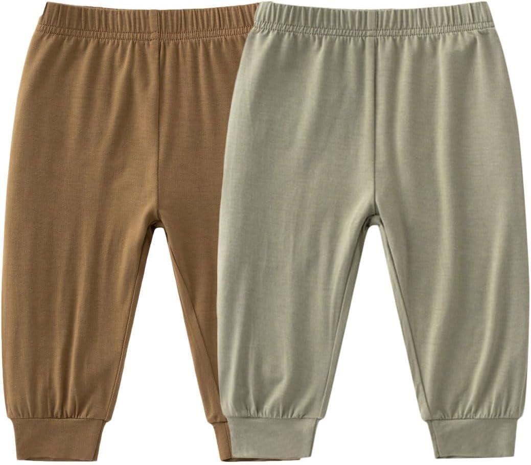 Baby Boys Girls Bamboo Viscose Jogger Pants Infant Toddler Bloomers Kids Harem Pants (2-3T, Brown+light Green)