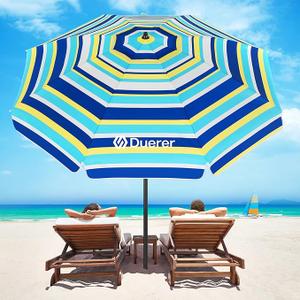 Duerer Beach Umbrellas, 8.5FT Beach Umbrella for Sand with Anchor Heavy Duty Windproof, Height Adjustable Tilt Iron Pole, Portable Beach Umbrella with Carrying Bag for Beach, Patio Garden Outdoor